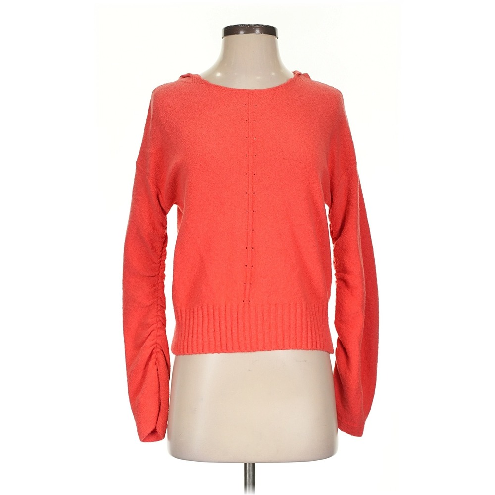 Moth Anthropologie Hooded Sweater Women XS Coral Orange Ruched Sleeve Pointelle